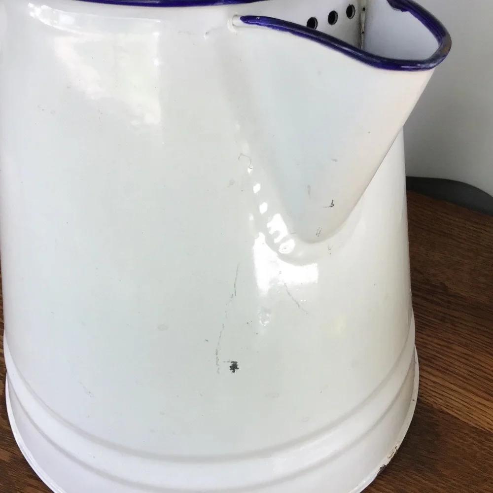 Vintage Enamel White & Blue Coffee Pot & Lid Kettle Enamelware Rustic Antique
